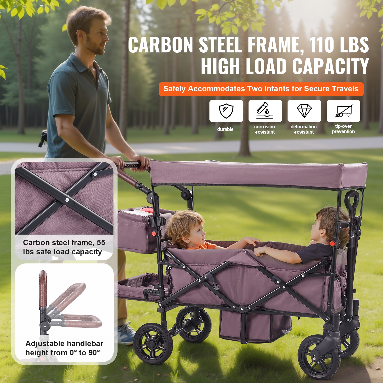 Folding Wagon Stroller For 2 Kids With Canopy And Adjustable Handle_voghion.com